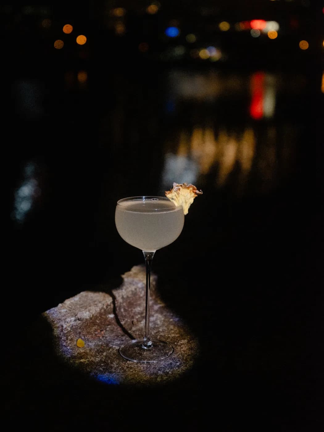 A coupe with a dried garnish on a stone edge, city lights blurred beyond