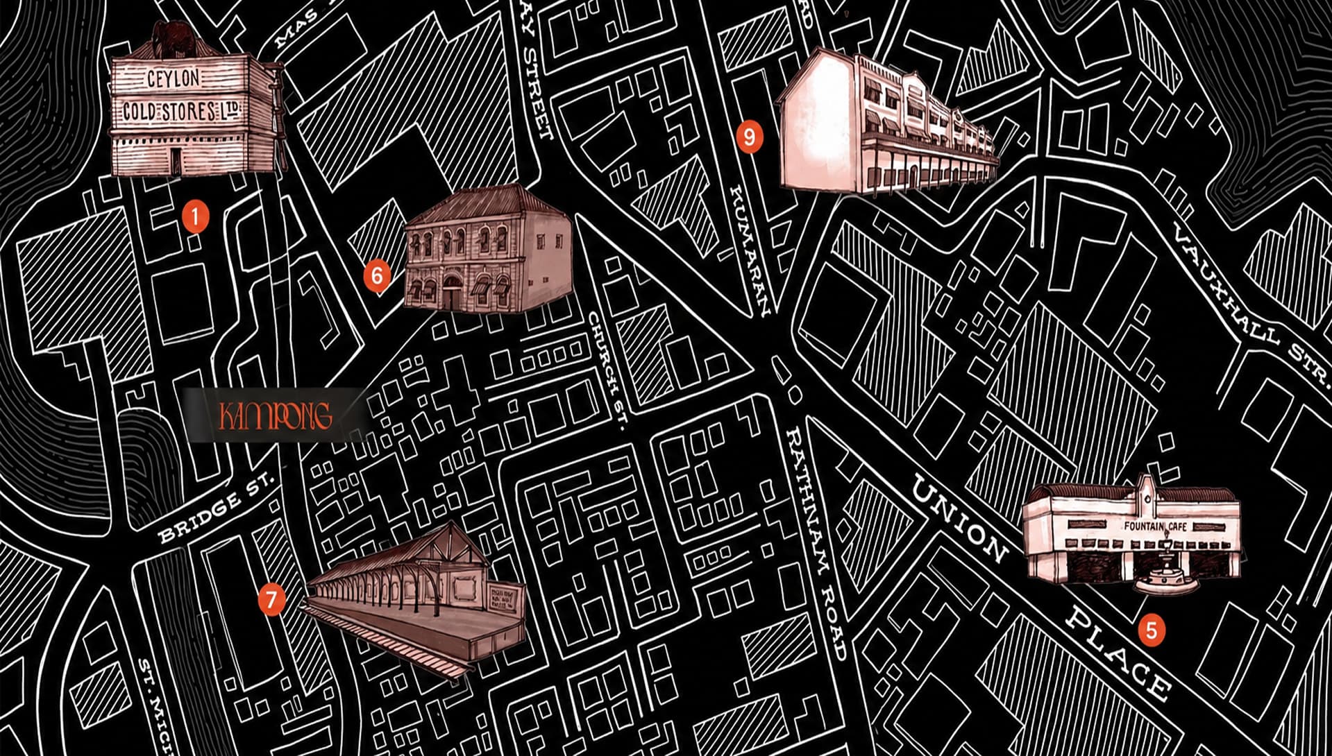 Illustrated Kampong cocktail menu map of Kompanna Veediya with historic landmarks