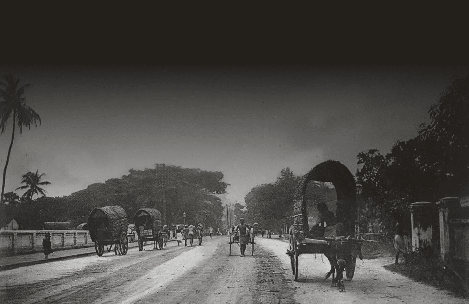 A historical scene of the trading road — bullock carts and warehouses